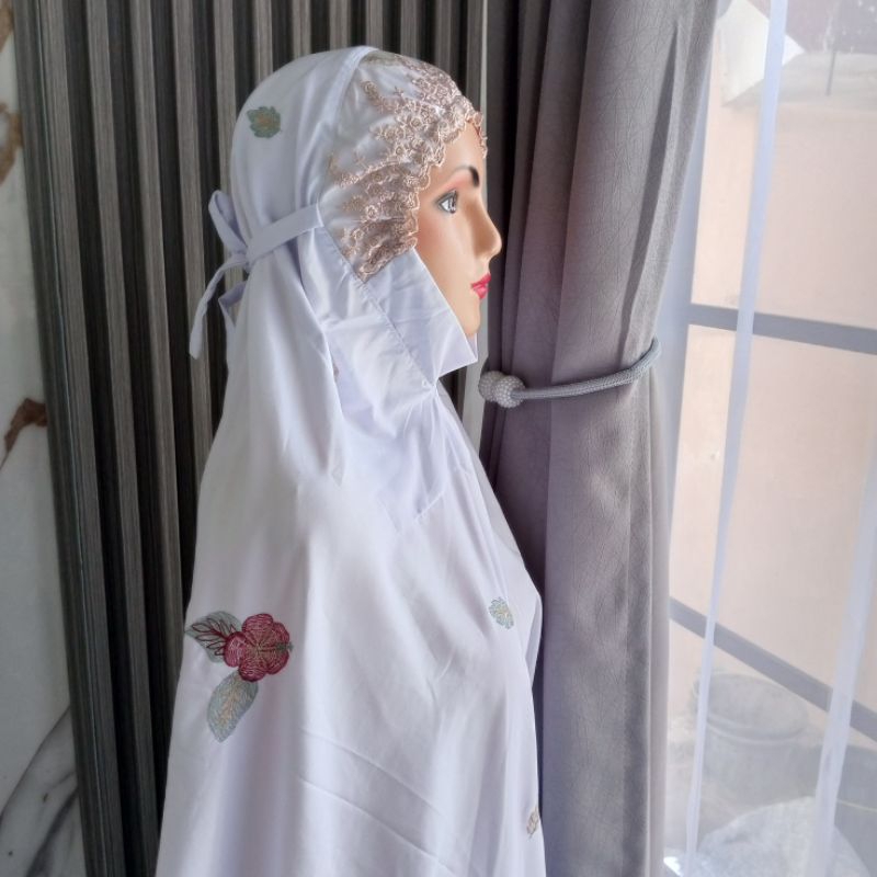 Mukena terusan dewasa Khadijah bordir hibiscus lili monstera katun