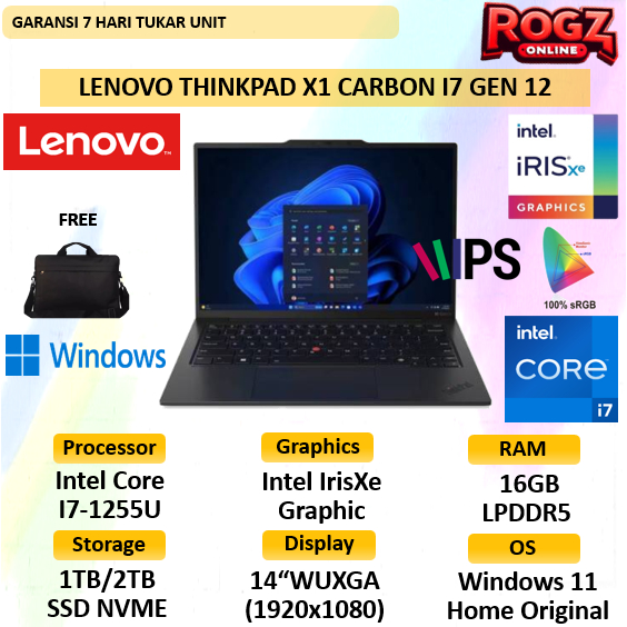 Lenovo Thinkpad X1 Carbon I7 1255U 16GB 1TB SSD Windows 11 Pro Touch Screen 14 Inch