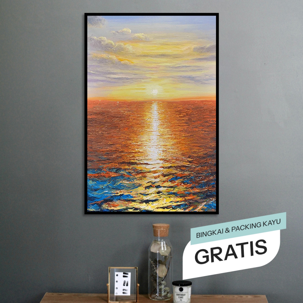 Lukisan Dinding Kanvas Pemandangan Sunrise Laut Aesthetic Warna Hangat