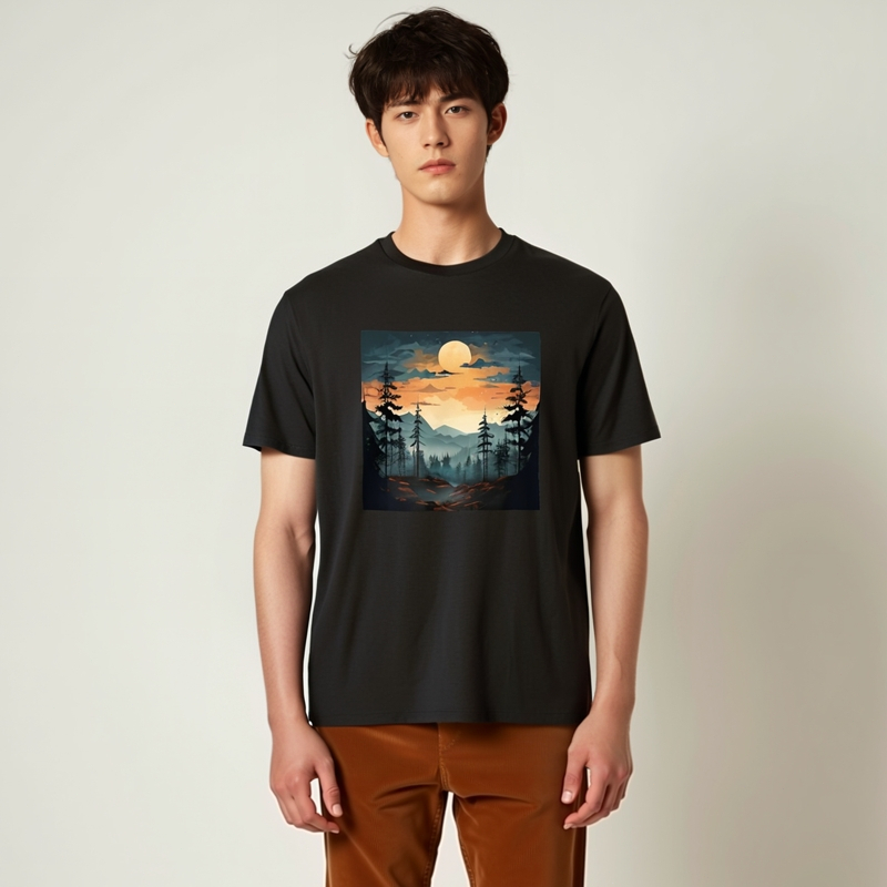 kaoswarna 丨Kaos Pendek Hitam dengan Gambar Pedesaan Gunung di Waktu Senja dengan Bulan Terbit
