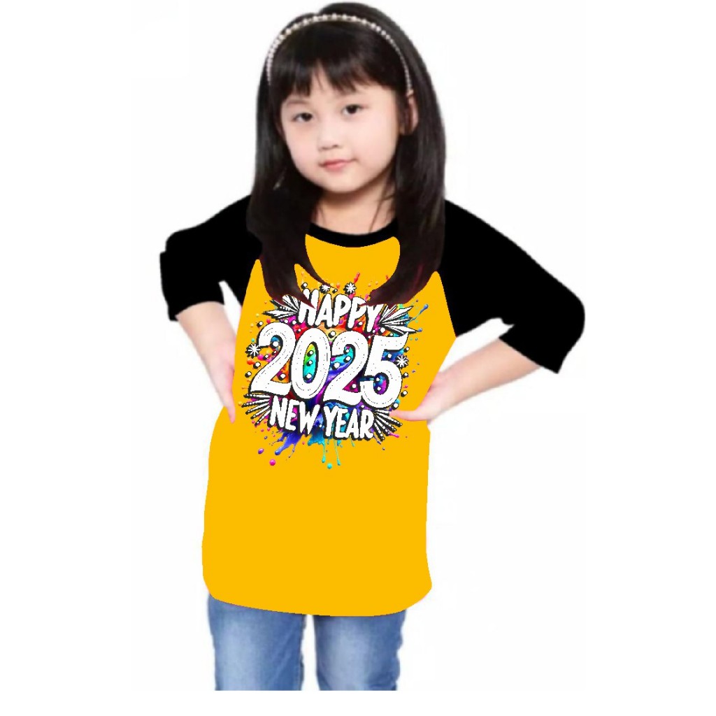kaos anak-anak dtf happy new year 2025 / Kaos Raglan 34 /Anak/kaos anak perempuan/kaos raglan anak p