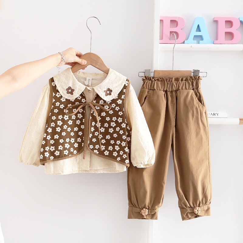 Setelan Kemeja Anak Perempuan Import Stelan 3pcs Vest Kemeja Anak Perempuan Motif Bunga Dan Celana P