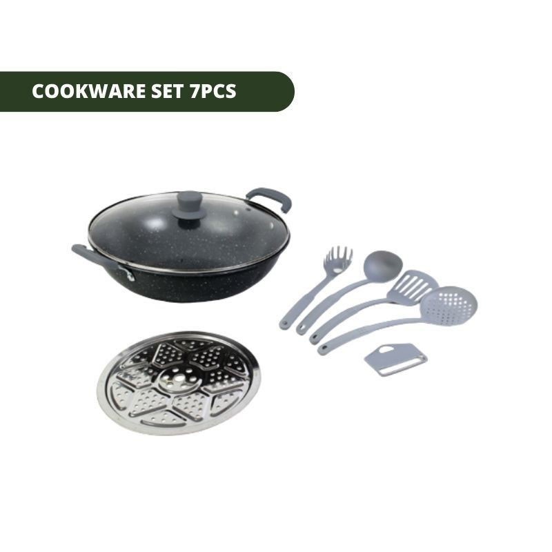 Wajan Penggorengan Wokpan Kukus Set Enamel Tutup Kaca Anti Lengket Saringan Panci Gagang Cookware