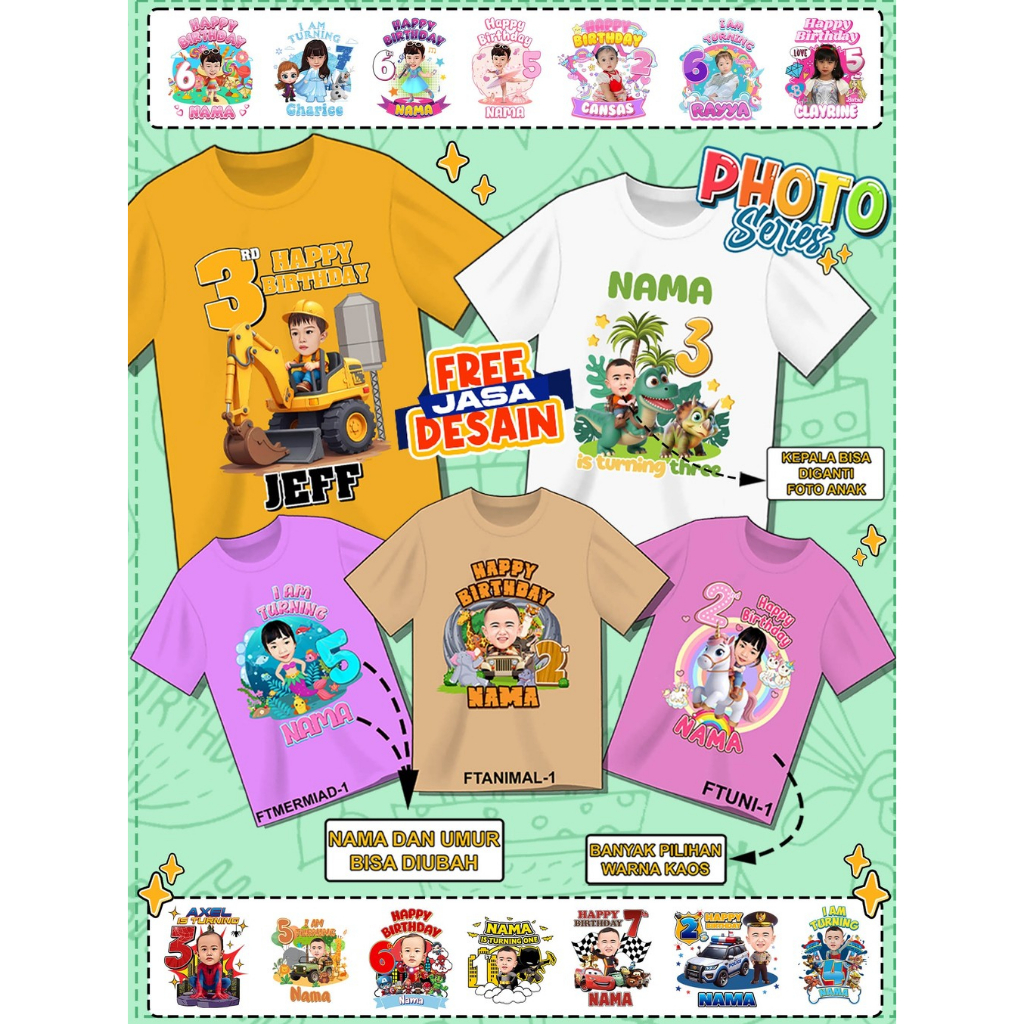 Kaos Custom Ultah Anak Keluarga Desain Karakter Pakai Foto Anak / Kaos Custom Ultah Desain Karikatur
