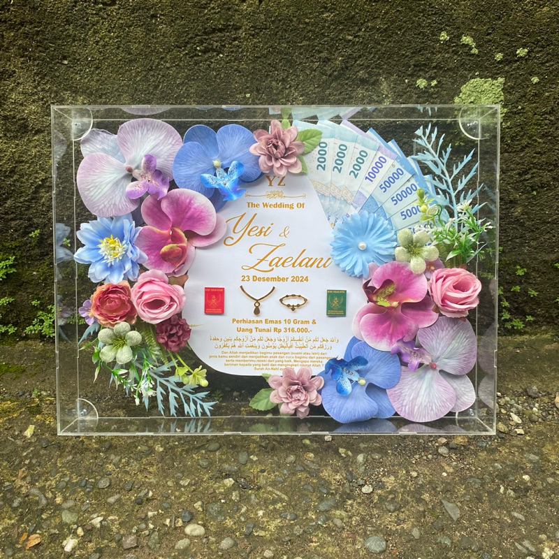 Bingkai Mahar Pernikahan Rustic Bunga Kering Akrilik Transparan