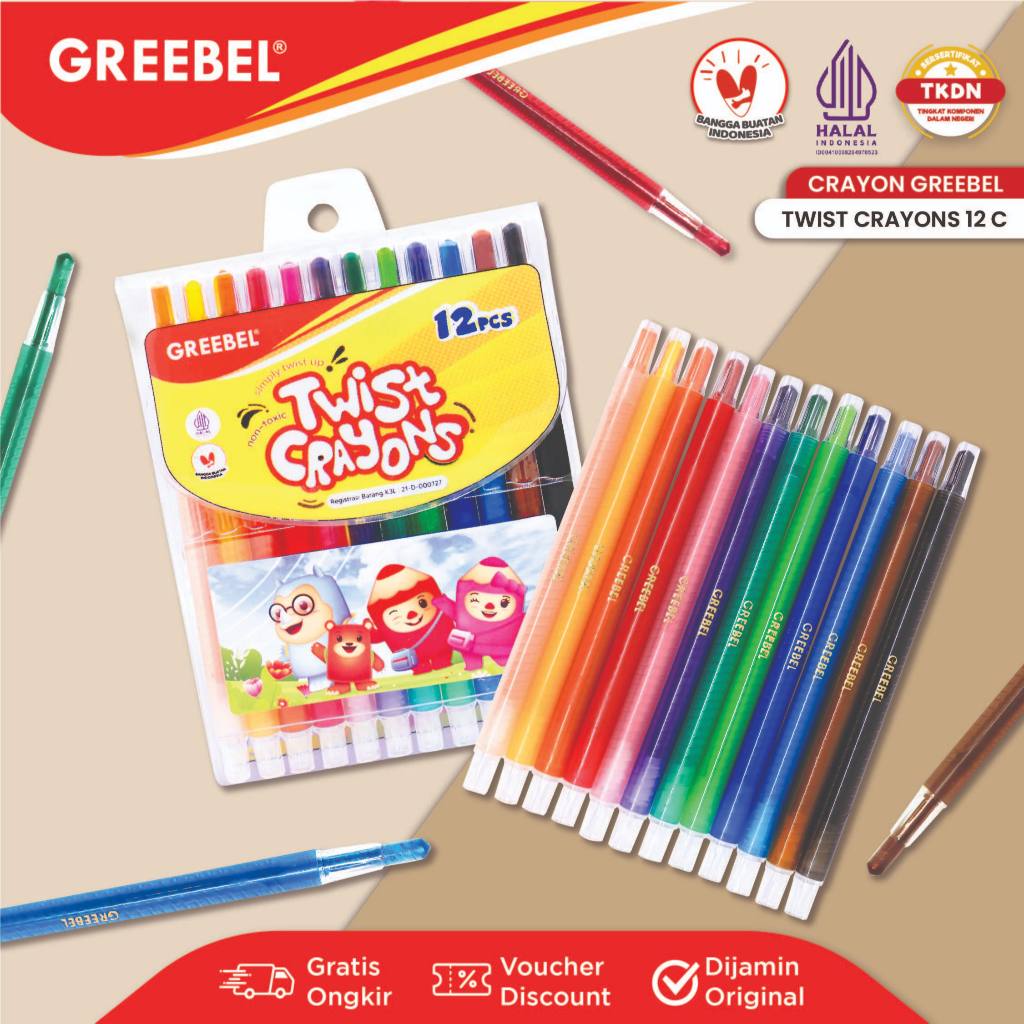 

GREEBEL Crayon Putar / Krayon Twist 12 Warna Panjang / Twist Crayons 12C