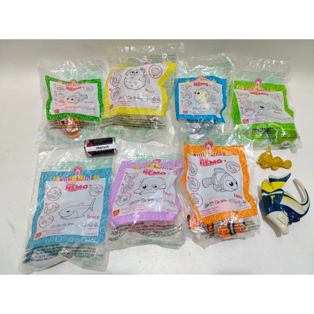 Set vintage happy meals mcd finding nemo marlin bloat dory squirt bruce pearl nemo gill , nestle dis