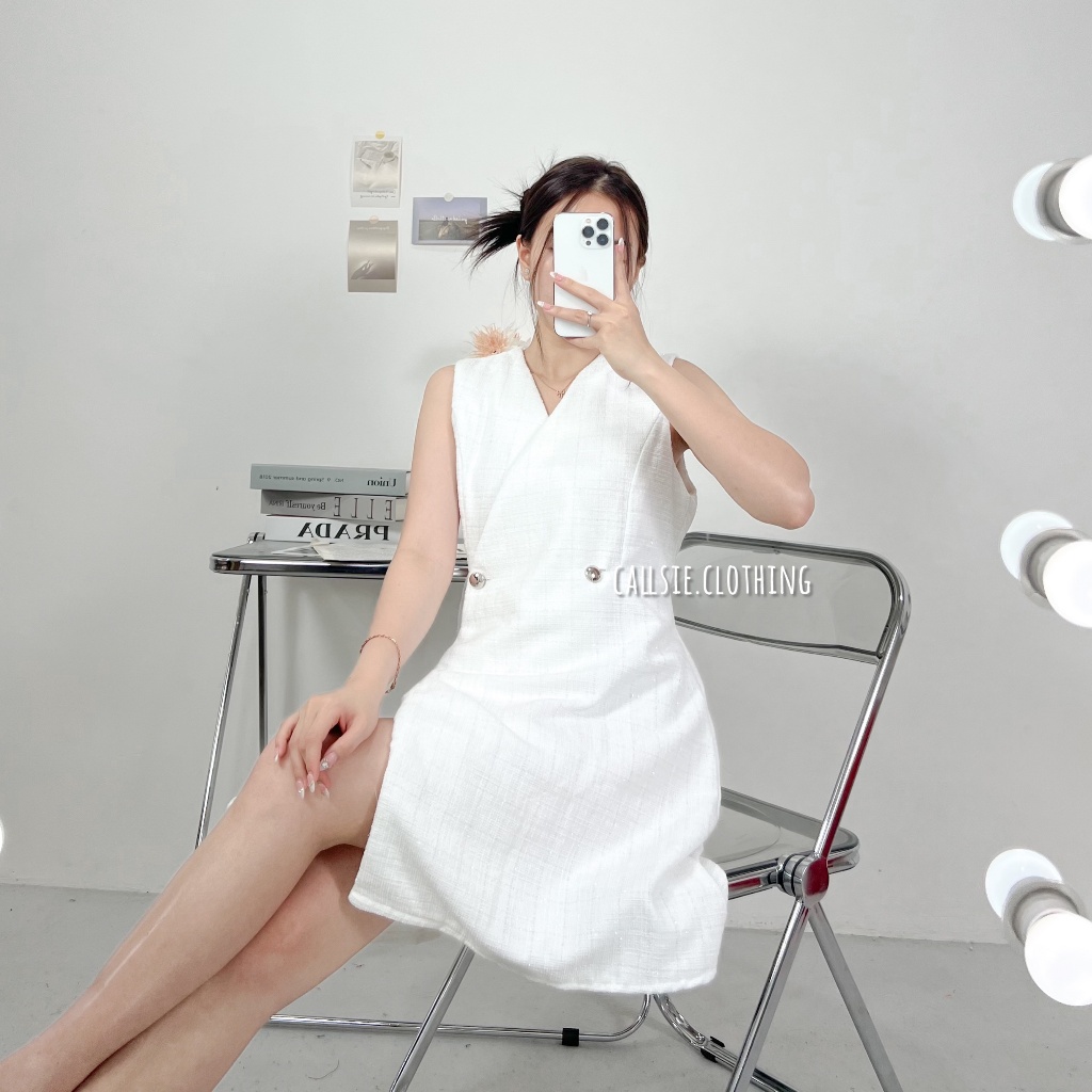 [ callsie ] - SARA TWEED DRESS ( setelan wanita bahan tweed / midi dress wanita / dress wanita / pet