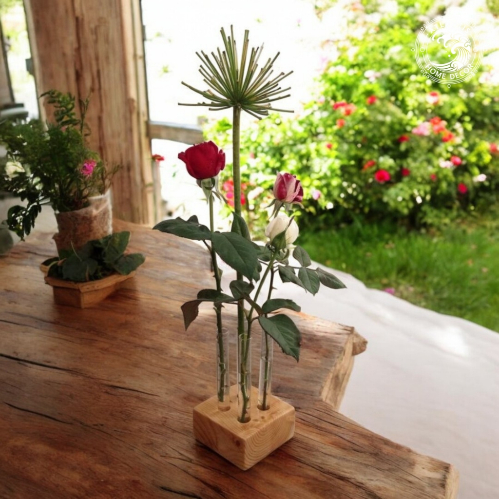 Ivy - Pot Bunga Kayu & Kaca Estetik untuk 4 Bunga Air dengan Dudukan Kayu Minimalis