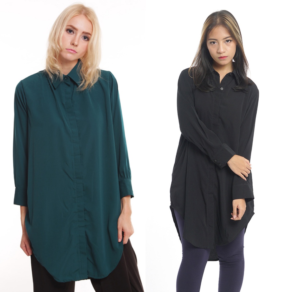 Kemeja Tunik Lengan Panjang Hijau Emerald dan Hitam Shirt Dress