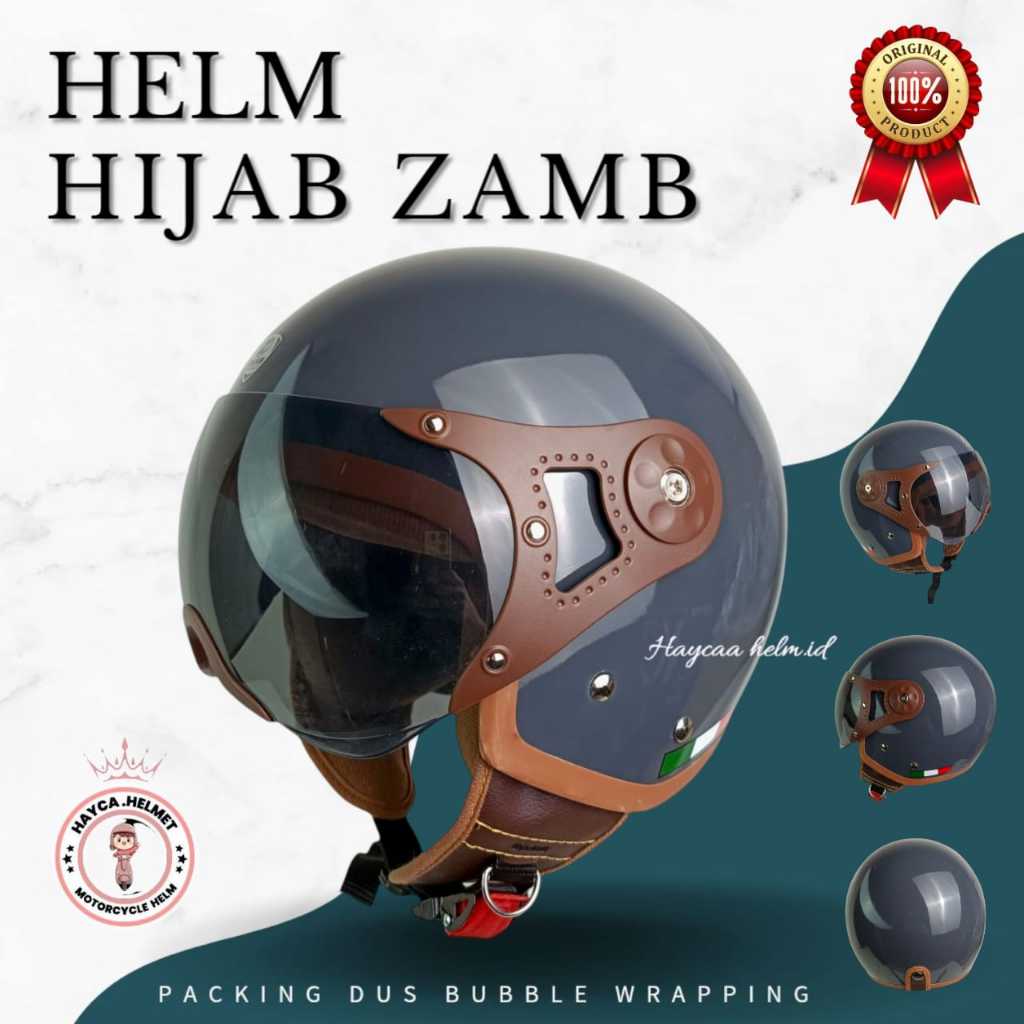 Helm Hijab ZAMB Grey Glossy List Coklat | Dewasa Kaca Pilot SNI Motorcycle Cream