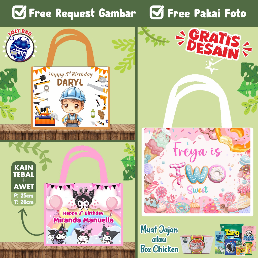 

Tas Ulang Tahun/Tas Ultah/Tas ulang tahun custom/Tas souvenir ultah/Tas ultah murah/Promo Tas Ulang Tahun Terlaris/Goodie bag custom