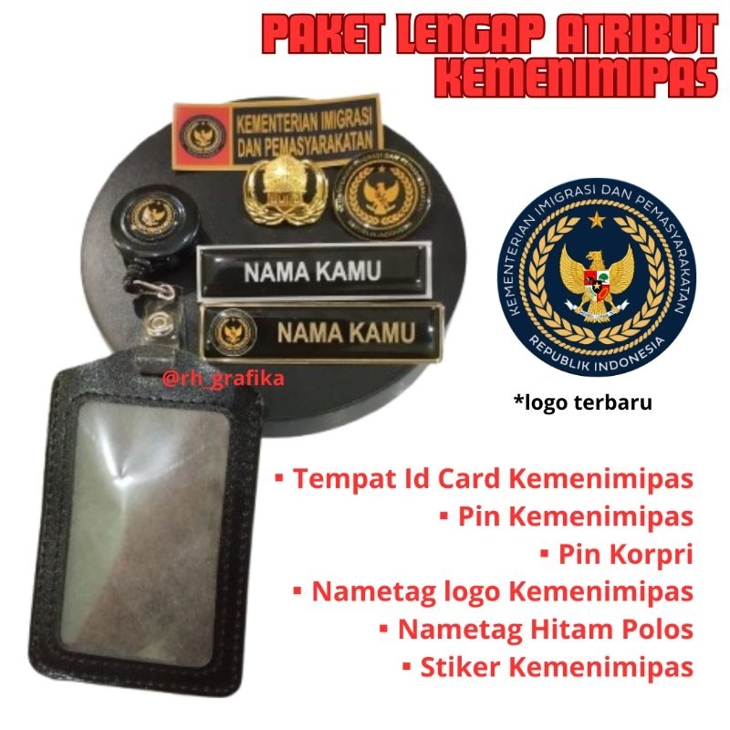 

paket lengkap atribut kemenimipas (kementerian imigrasi dan Pemasyarakatan), id card kemenimipas, lanyard kemenimipas, logo kemenimipas, nametag kemenimipas, pin kemenimipas, stiker kemenimipas