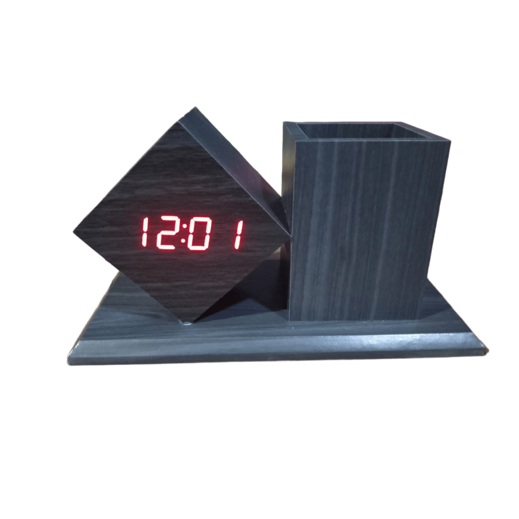 Jam Weker Alarm LED Digital Wood, Watch Meja Motif Kayu Tempat Pensil