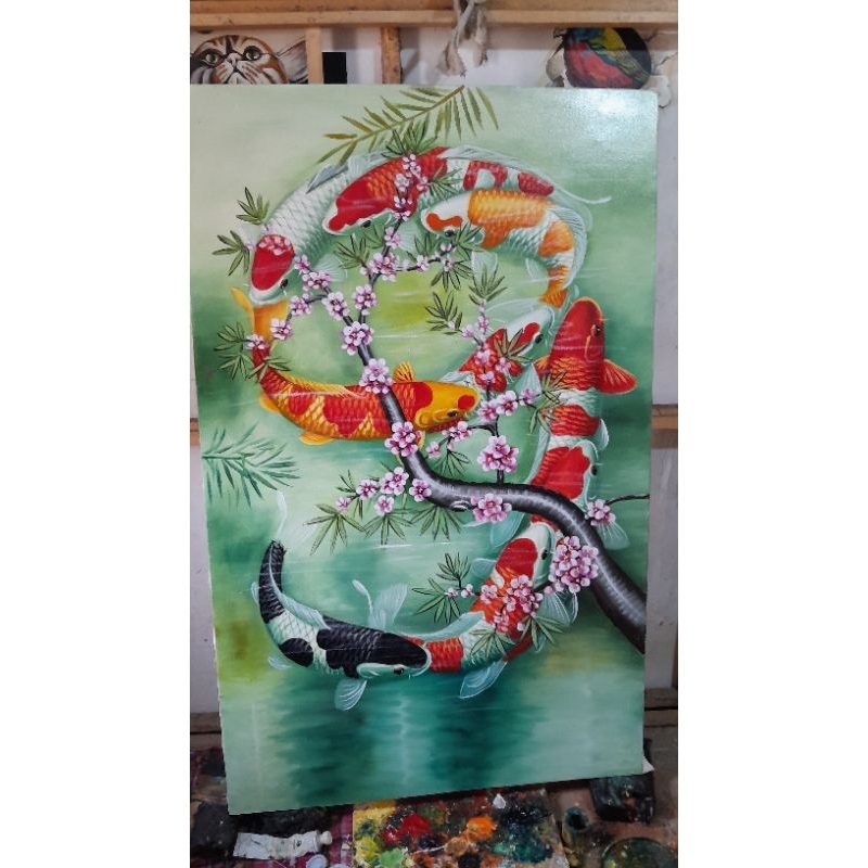 lukisan ikan koi hoki oil on kanvas ukuran 135x85cm asli buatan tangan no print