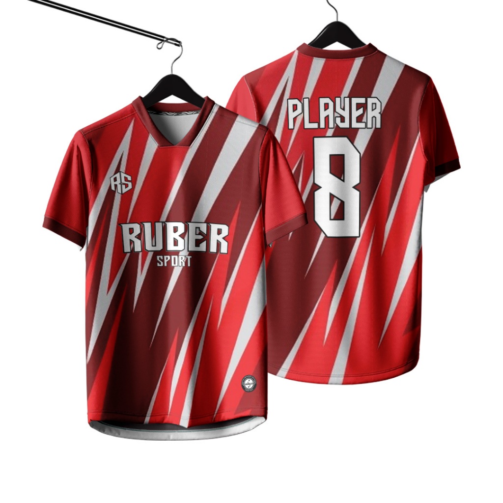 Jersey Futsal / Jersey Bola / Jersey Voli Custom Full Printing Bisa Satuan Merah Garis Putih Loreng