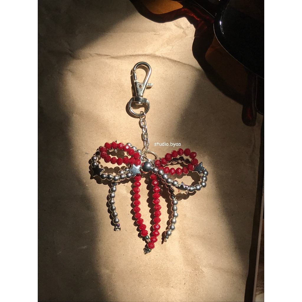 BAG CHARM / Silver Maroon Ribbon Bag Charm / Ribbon Maroon Keychain / Manik Korea