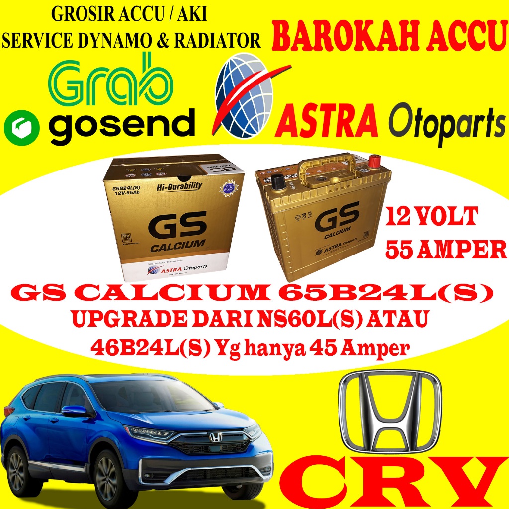 AKI MOBIL HONDA CRV GS CALCIUM 65B24L(S) / 65B24LS , 55 AH ASTRA OTOPARTS
