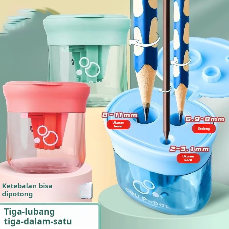 

Rautan pensil tiga lubang untuk siswa sekolah dasar, rautan pensil tebal manual mini anak-anak dengan rautan pensil multi-kaliber