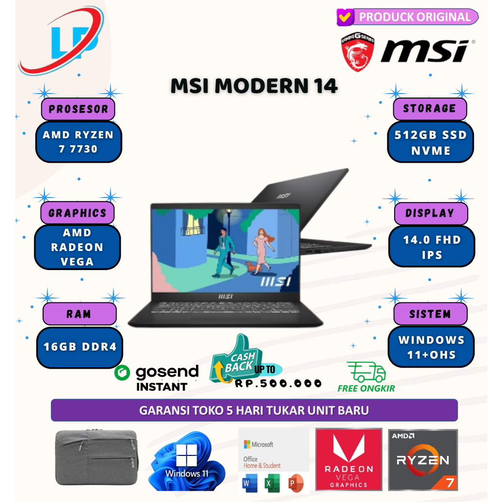 Msi modern 14 ryzen 7 7730 16gb 512gb w11+ohs 14.0 fhd ips
