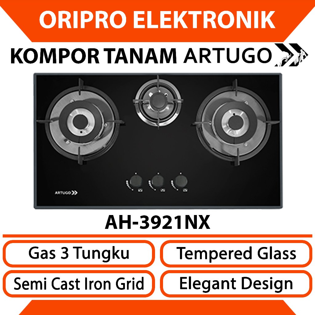 Kompor Gas Tanam 3 Tungku Artugo Tempered Glass AH-3921NX
