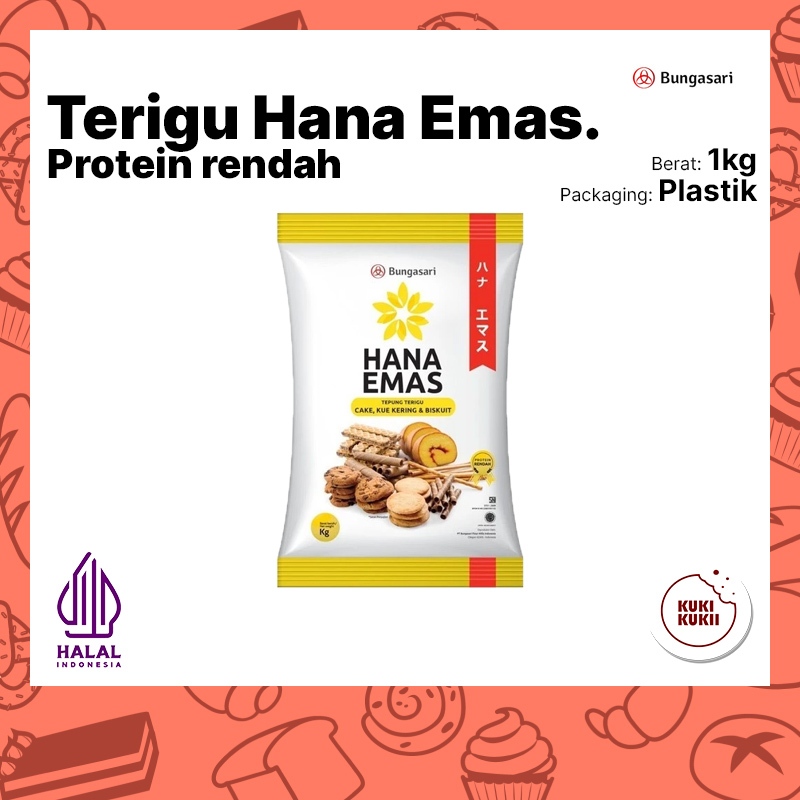 

Tepung Terigu Hana Emas 1kg Protein Rendah | Bungasari Hana Emas Terigu Premium Serbaguna 1 kg