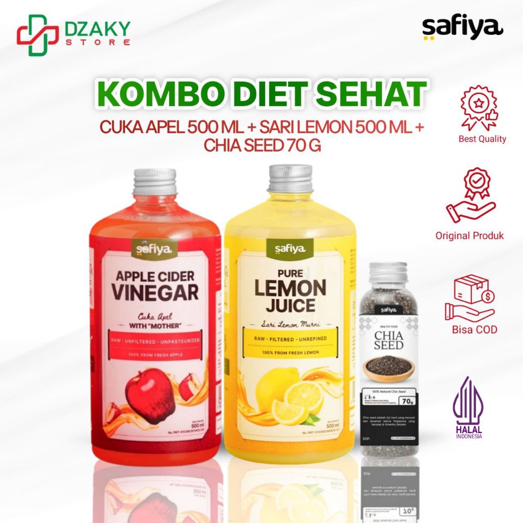 

Safiya 3in1 Cuka Apel 500ml + Sari Lemon 500ml + Chiaseed 70 Gr Kombo Diet Sehat