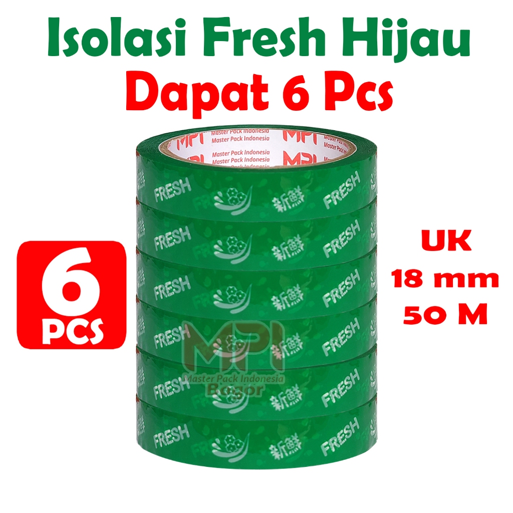 

6 Pcs - Isolasi Fresh Hijau 18 mm x 50 Meter - Lakban Untuk buah & Sayur Fresh - Master Pack Indonesia Bogor
