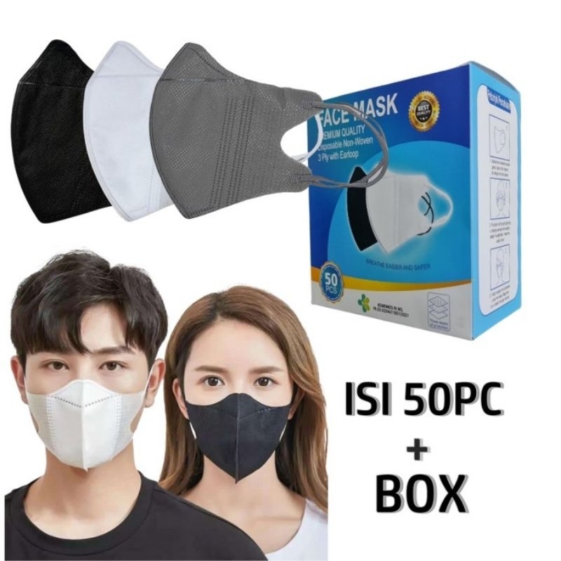 (Afifah) Masker Duckbill 3 Ply Facemask Isi 50 Pcs Mix Warna Warni Hitam/Putih Mirip Sensi
