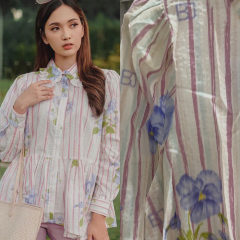 Benang Jarum Romantic Garden shirt with Mandarin Collar-Beige NEW WITH TAG SIZE M