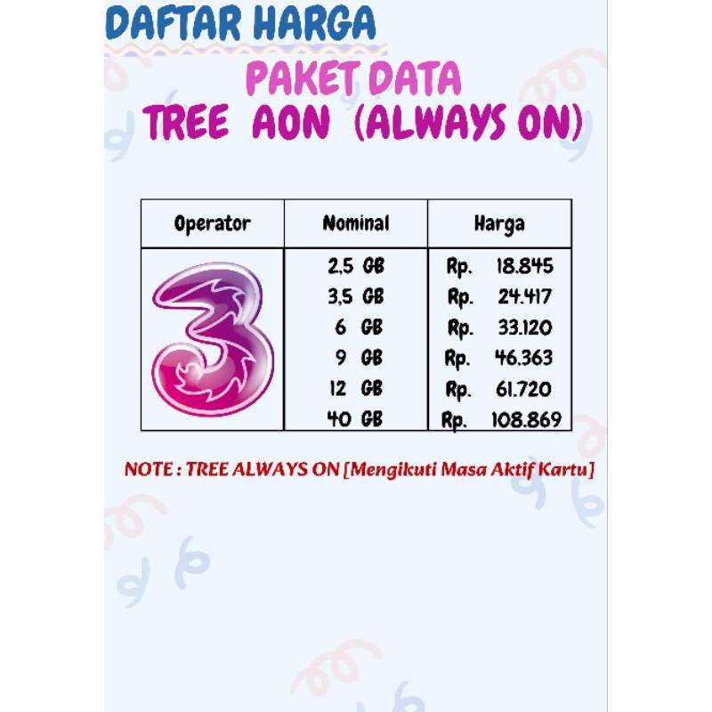 KUOTA TREE AON(ALWAYS ON) MURAH 2,5GB , 3,5GB , 6GB , 9GB , 12GB , 40GB || PAKET DATA TREE AON (ALWA