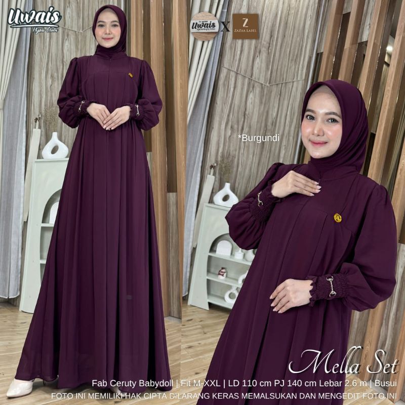 GHUI ~ MELLA SET HIJAB BURGUNDY SETELAN GAMIS CERUTY PLUS JILBAB SEGIEMPAT BY UWAIS