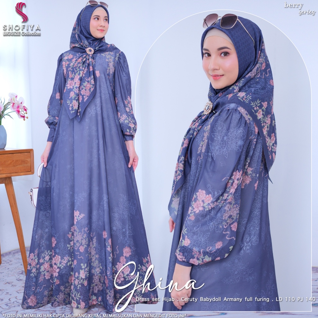 Ghina Dress Set Hijab Gamis Wanita Big Size Maxy Dress Jumbo Premium Ceruty