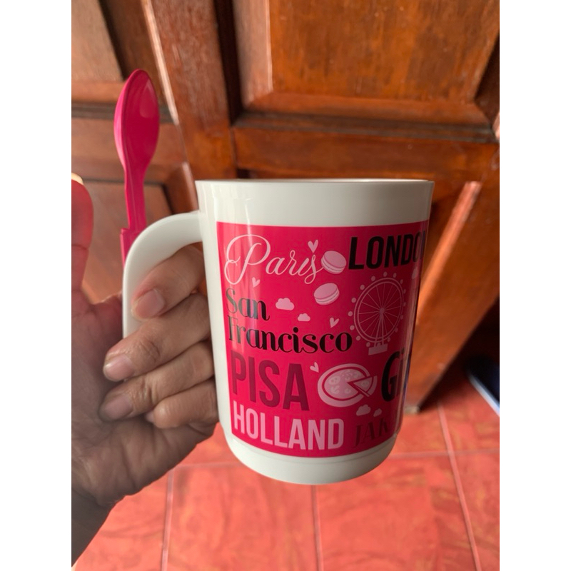 1 Pcs printing mug 350 ml tupperware - gelas/cangkir/mug gagang dgn sendok kecil