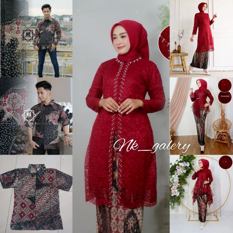Couple Kebaya Maroon Batik Sr Maroon - Kebaya Brokat Modern Payet Wisuda Kondangan Lamaran Pesta Tun