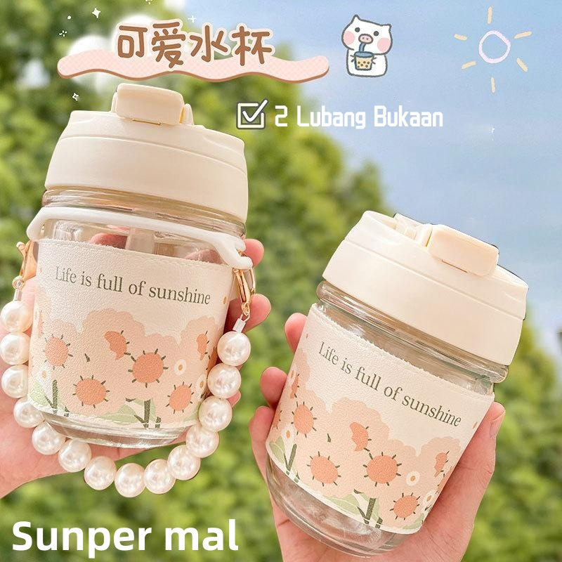 BOTOL MINUM KACA 400ML BOTOL AESTHETIC TALI MUTIARA TUMBLER KOREA BOTOL TRAVEL TALI DAN SEDOTAN