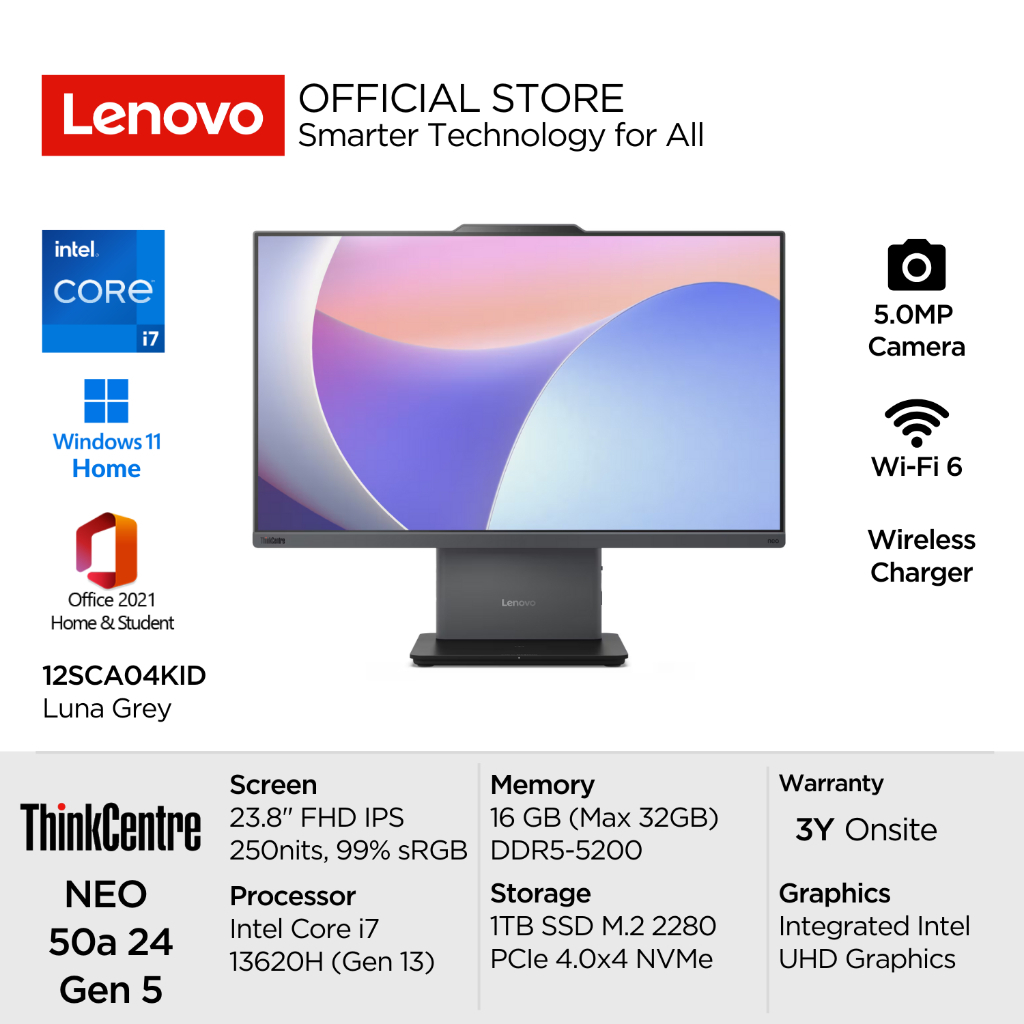 Lenovo PC AIO ThinkCentre Neo 50a 24 Gen 5 4KID Intel Core i7 13620H Win11 16GB DDR5 1TB SSD PCIe NV