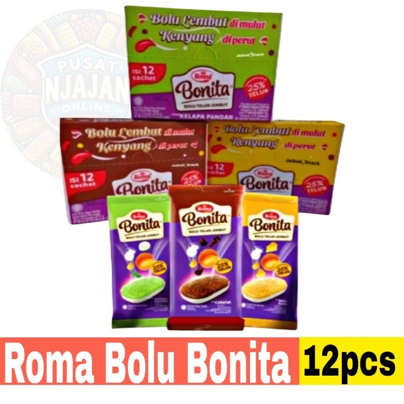 

Roma Bolu Telur Bonita Box isi 12 pcs Rasa Coklat / Keju / Pandan