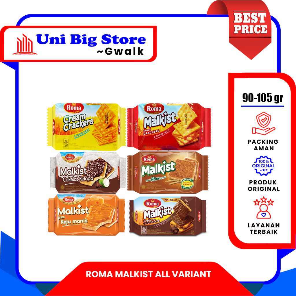 

ROMA MALKIST CRACKERS GABEN ABON - COKLAT KELAPA - SWEET - CREAM CRACKERS - 95-107 gr