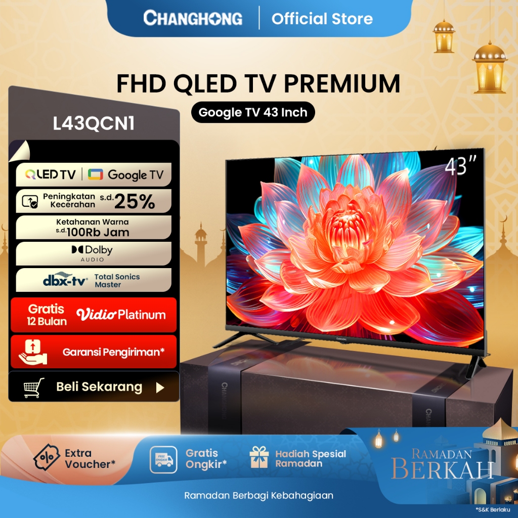 Changhong QLED TV 43 inch FHD Dolby Audio Google Play Netflix Youtube Bluetooth USB Google Assistant