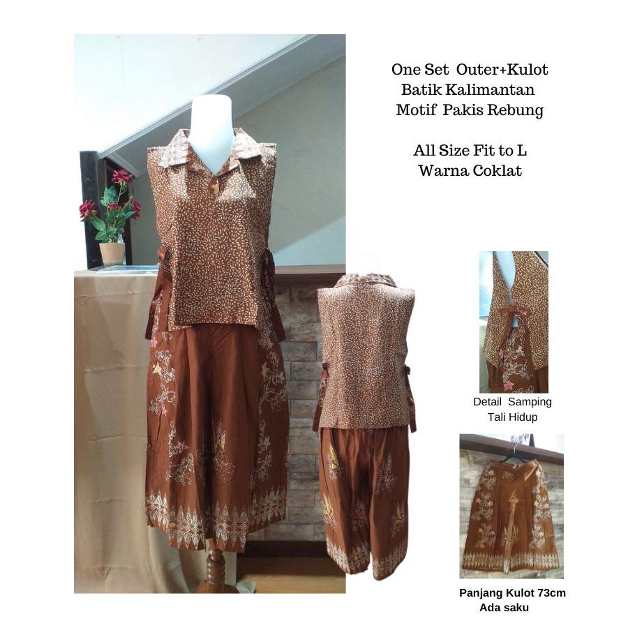 One Set ,Outer dan Kulot Panjang Batik Kalimantan Motif Pakis Rebung Warna Coklat ,All size Fit To L