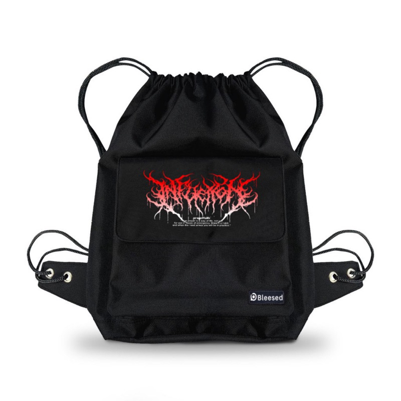 BLEESED - Tas Serut Hitam Death Metal Merah Putih Indonesia Pria Dan Wanita Unisek - StringBag Sekol