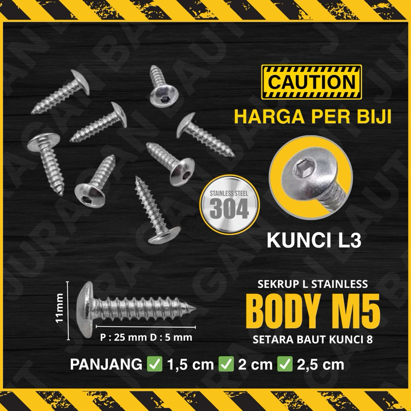 SEKRUP SKRUP KUNCI L STAINLESS BAUT BODY CACING M5 || SETARA BAUT KUNCI 8 | PANJANG 1,5 | 2 | 2,5 CM