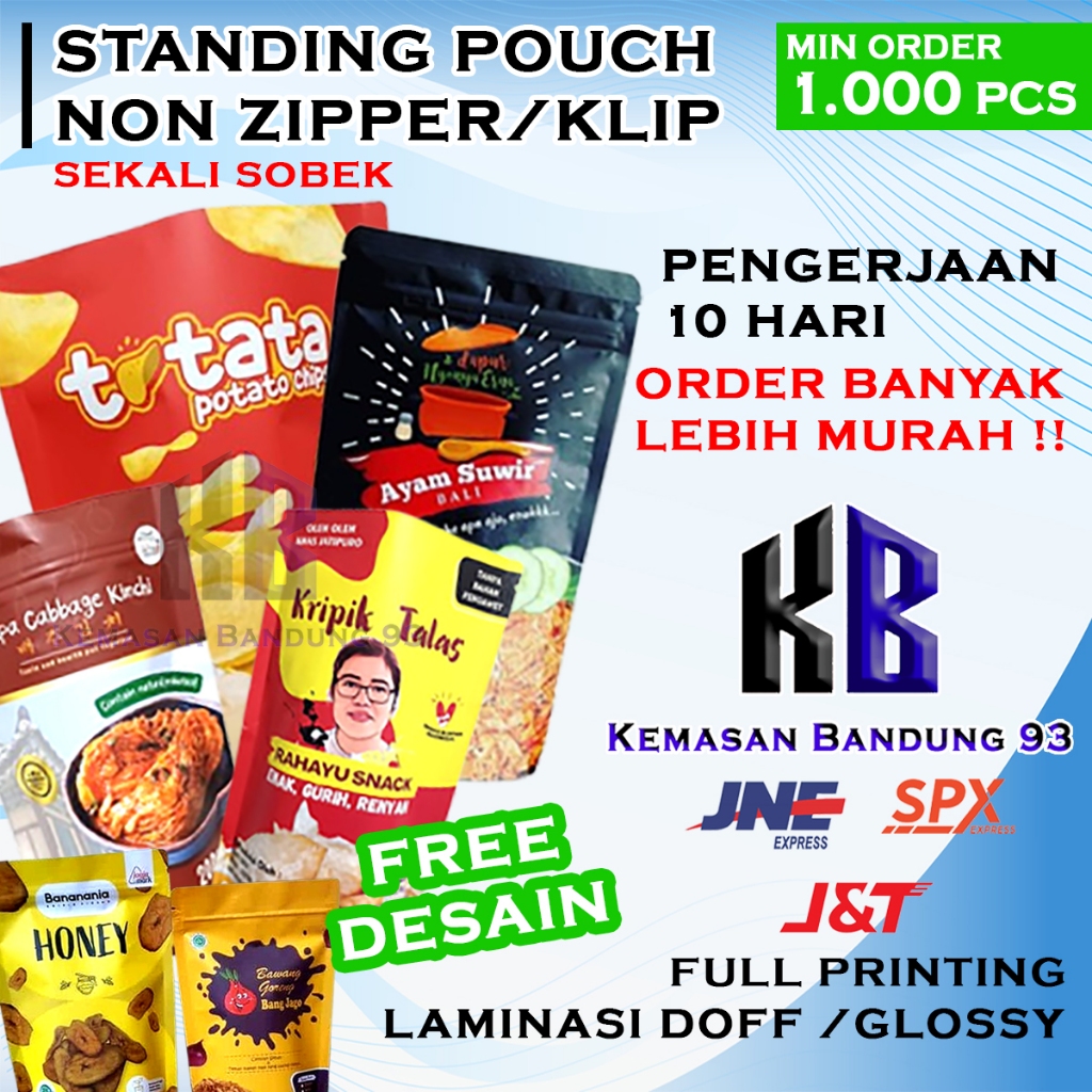 Cetak Kemasan Standing Pouch Custom Min Order 1.000 Pcs Non Ziplock/Non klip Full Printing Plastik M