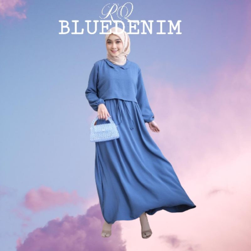 Gamis Maxy Ibu Emak Remaja Lebaran Warna Biru Muda Denim Polos Simpel Kasual Kekinian Premium Adem L