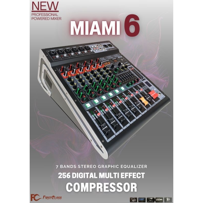 POWER MIXER FIRSTCLASS MIAMI 6 PROFESIONAL POWER MIXER 6 CHANNEL 7 BAND STEREO GRAPHIC EQUALIZER 2 x