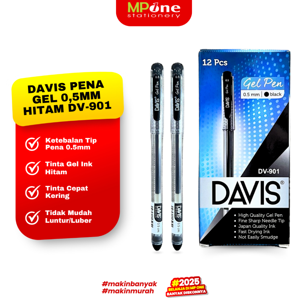 

(1 KOTAK) Davis Pena Gel 0,5MM Tinta Hitam DV-901 / Pulpen Gel Ink Ujung Tip Lancip / Pena MURAH Davis Hitam DV-901