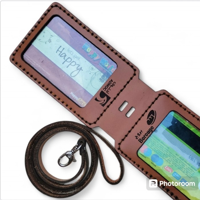 

TERBARU! Name Tag 2 Sisi Kulit Asli Tebal Id Card Holder Lanyar Gantungan Kartu 2 Muka Free Nama