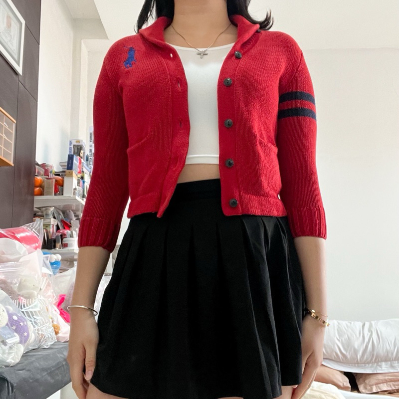 ralph lauren red knit cardigan