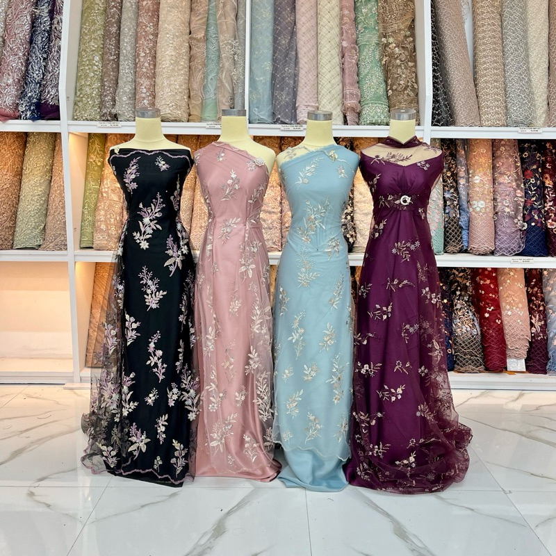 Tile Premium Jasmine Multitone Bordir Bunga | Kain Tulle 3 Warna Motif Tangkai Bunga